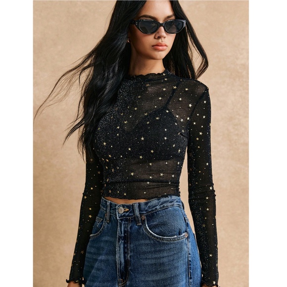 Mesh Black Sheer Long Sleeve Top Gold Stars Lettuce Trim - Picture 3 of 9